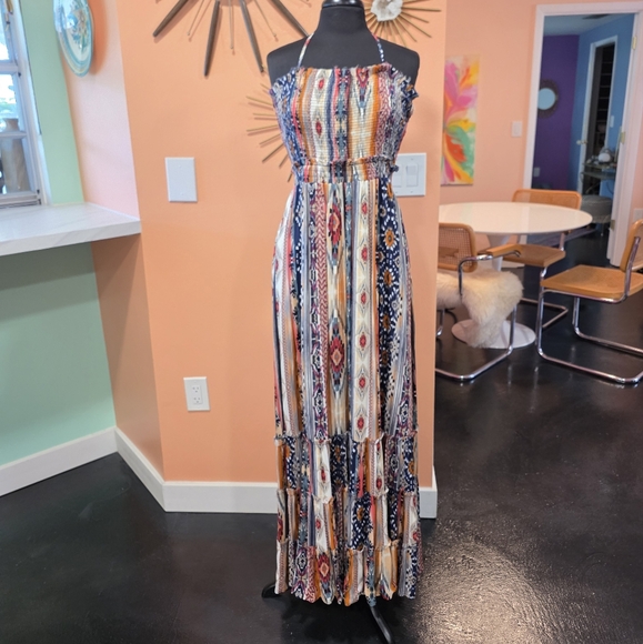 Boho Chic Resortwear Regenbogen L Bohemian Vacation Multicolor Halter Maxi Dress - Picture 3 of 14